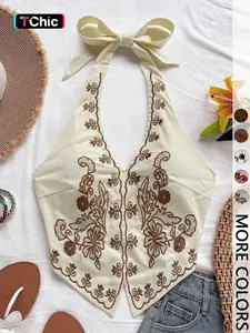 Vacation Style Embroidered Halter Neck Tank Top, Slim-Fitting V Neck Crop Top for Dates, Beach, and Music Festivals