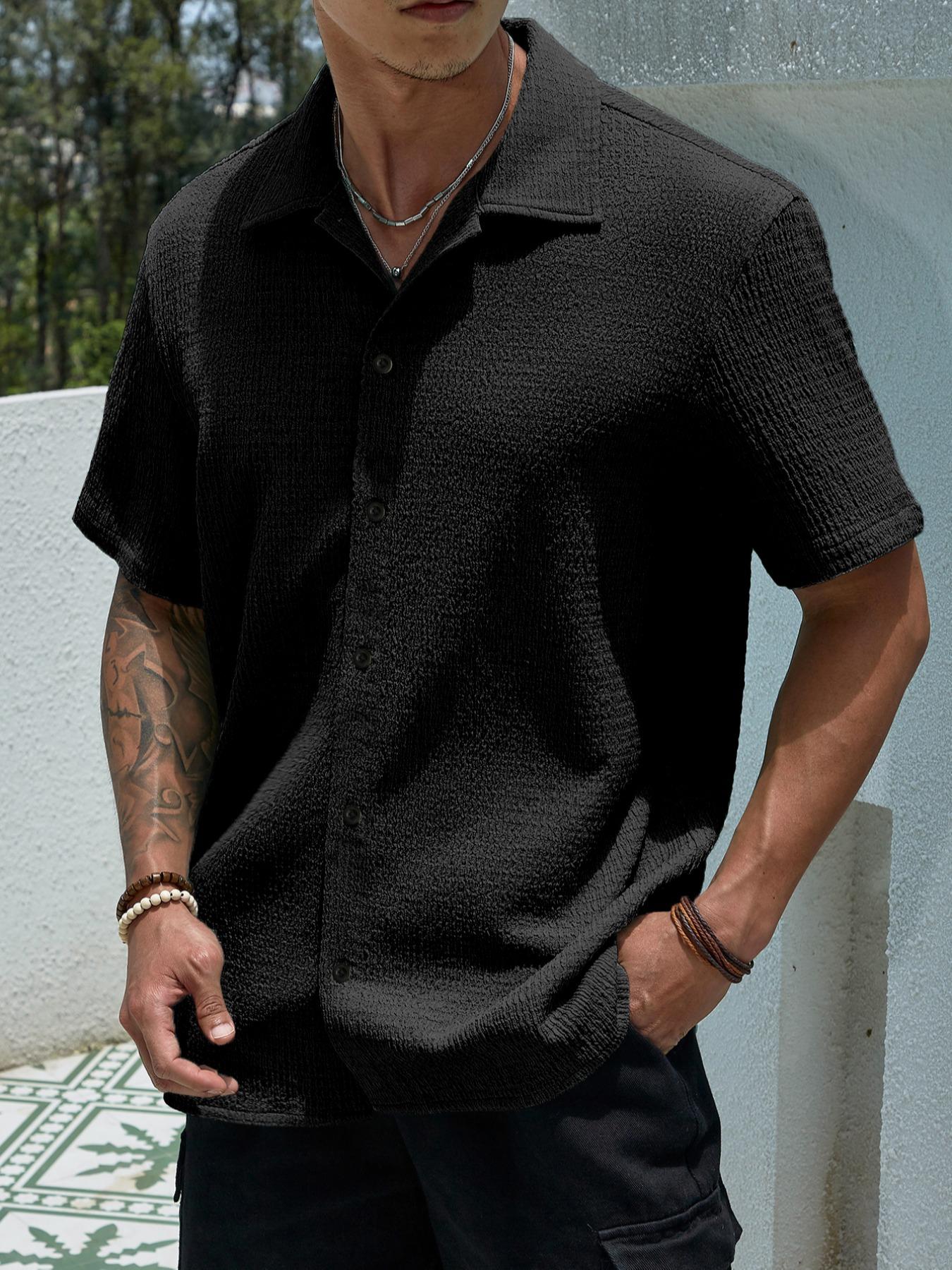 Men's Textured Button Front Shirt, Casual Regular Fit Short Sleeve Collared Top for Summer, Summer Leisure Top 2024, National Day Clothing, Men's Clothes for Daily Wear, Menswear