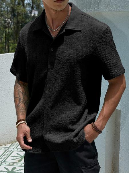 Men's Textured Button Front Shirt, Casual Regular Fit Short Sleeve Collared Top for Summer, Summer Leisure Top 2024, National Day Clothing, Men's Clothes for Daily Wear, Menswear
