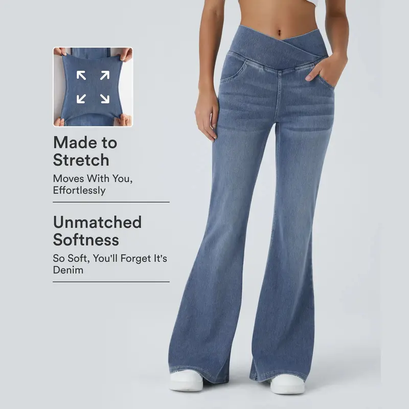 Halara Flex™ High Waisted Crossover Pocket Washed Casual Flare Jeans