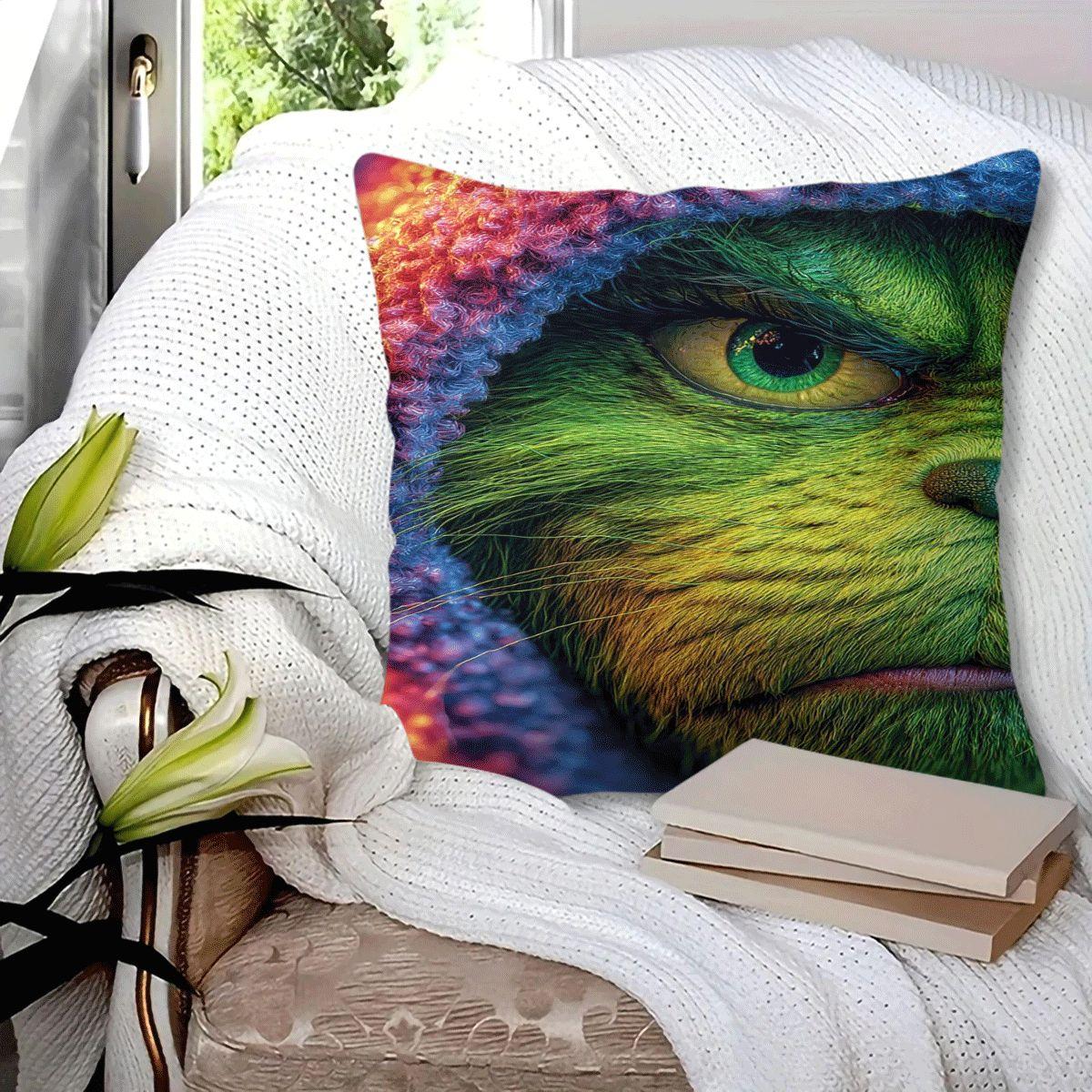 45x45cm 1Pc, Grinch Themed Halloween Christmas Cushion Pillow, spooky jack-o'-lantern bat print, soft durable cozy, perfect for sofa, bed, living room bedroom decor, ideal small holiday home gift, includes pillow filling