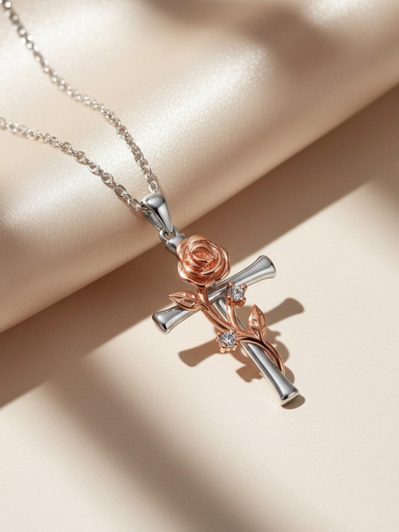 Blazing Rose Vow · Silver Rose Premium and stylish rose & cross necklace, elegant and fashionable.Paired with a surprise double-door preserved rose jewelry gift box.Ideal gift for birthdays, Mother’s Day and Valentine’s Day.