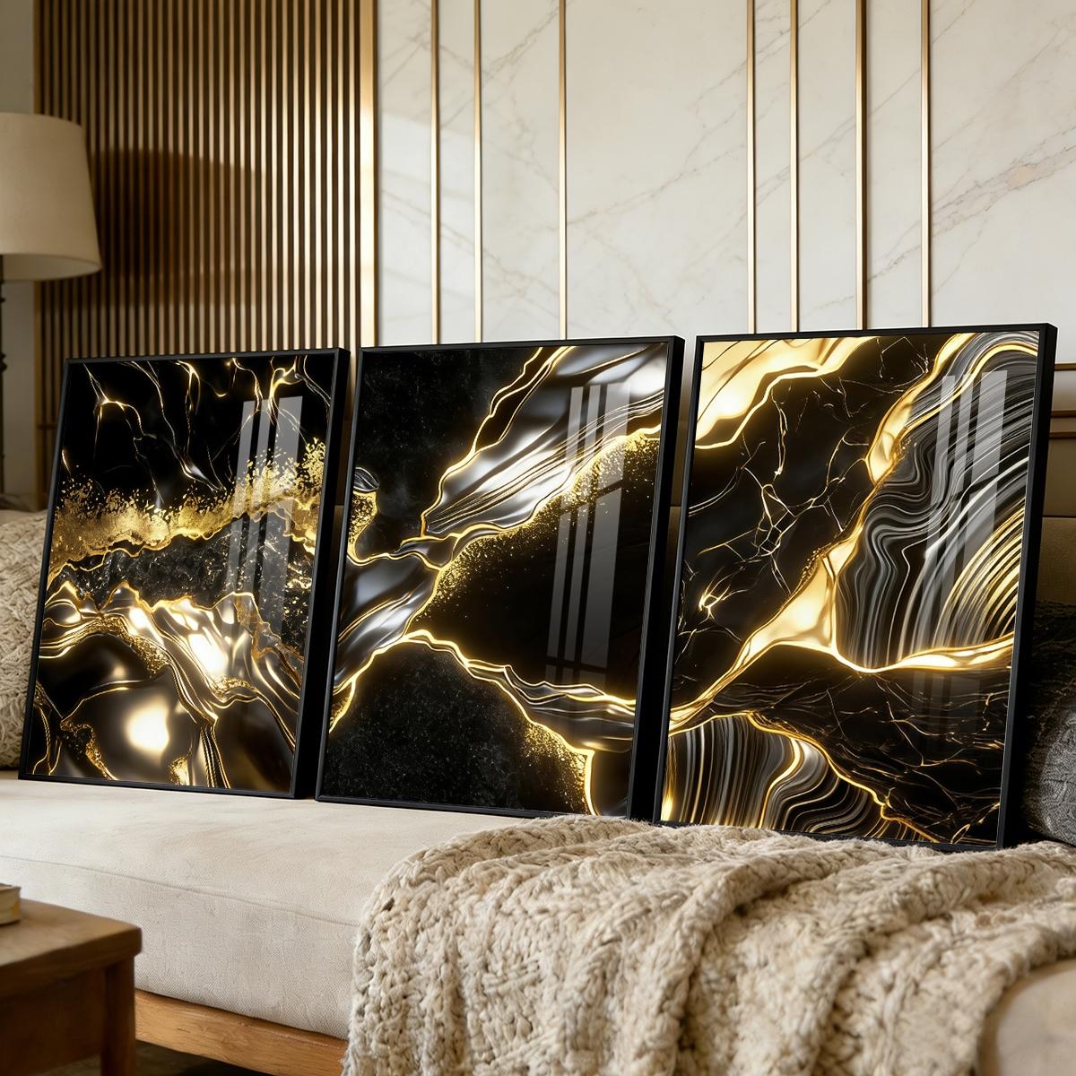 3 Counts Aluminum Alloy Framed Painting, Abstract Black And Gold Fluid Art Pictures, Home Decoration For Living Room, Bedroom, Office, Restaurant, Hallway Wall Decor, Odorless Print Artwork, Luxury Perfect Gift For Friends And Family