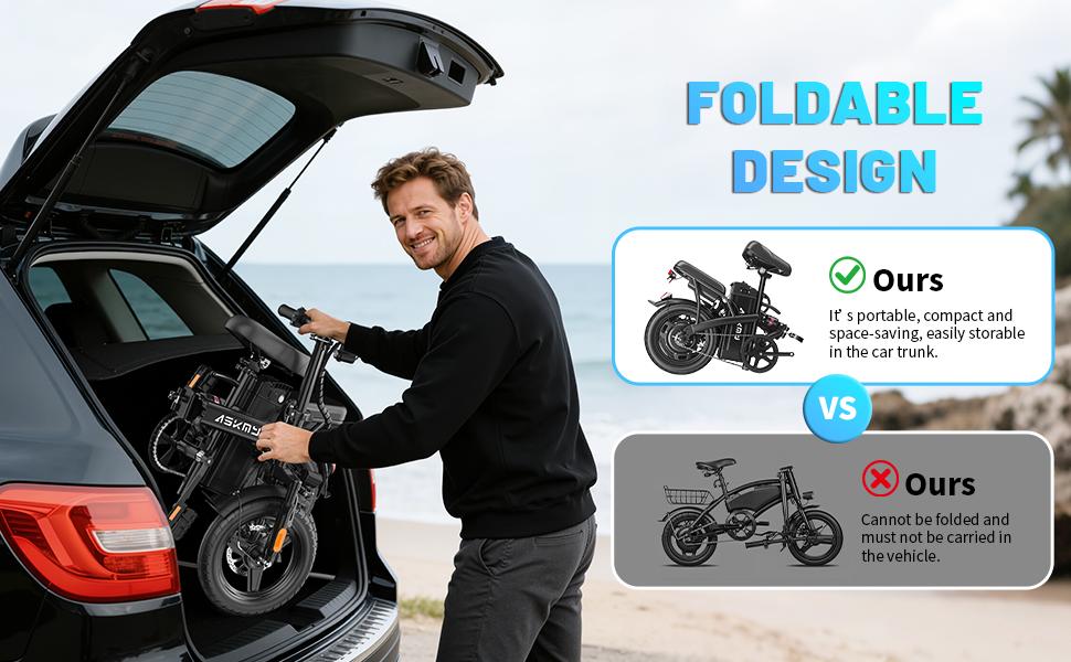 ASKMY E14 Folding Electric Bike 1000W Peak Motor, Up to 45 Miles Range | 14" Tubeless Tires, Dual Disc Brakes | UL Certified, Puncture-Tested Battery, 12-Month Warranty, Lightweight Design ，，5