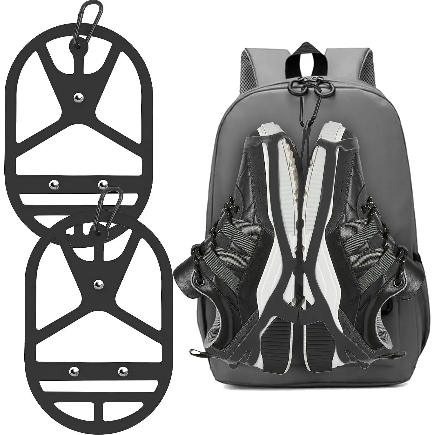2 Pack Shoe Holster for Backpack with Clip Hanger, Shoe Holder for Sneakers, Cleats, for Travel, Outdoors, Sports (Large, Black)