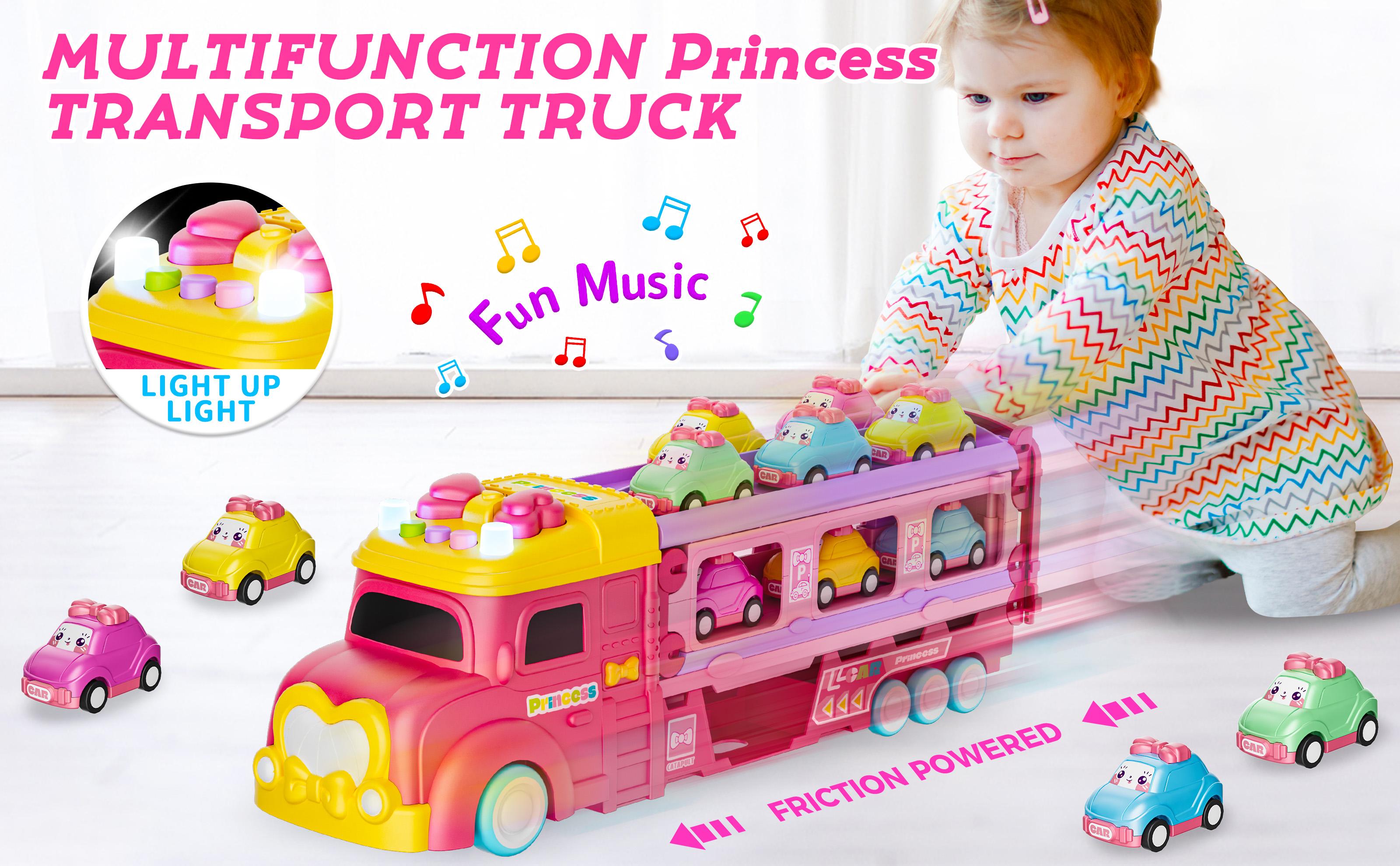 Durable Car Toys Unicorn Car for Age 2-7 Girls - Multifunction Foldable Track & 2 Player Race Mode Game with Light & Sound Push Transport Carrier Truck Kids Christmas gifts Warmed up for holiday
