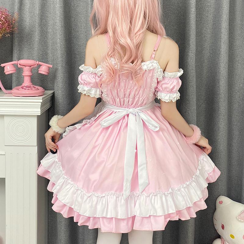 Japanese Sweet Lolita Dress Anime Cat Girl Plus Size Maid Halloween Cosplay Costume Pink Ruffles Kawaii Princess Party Dresses