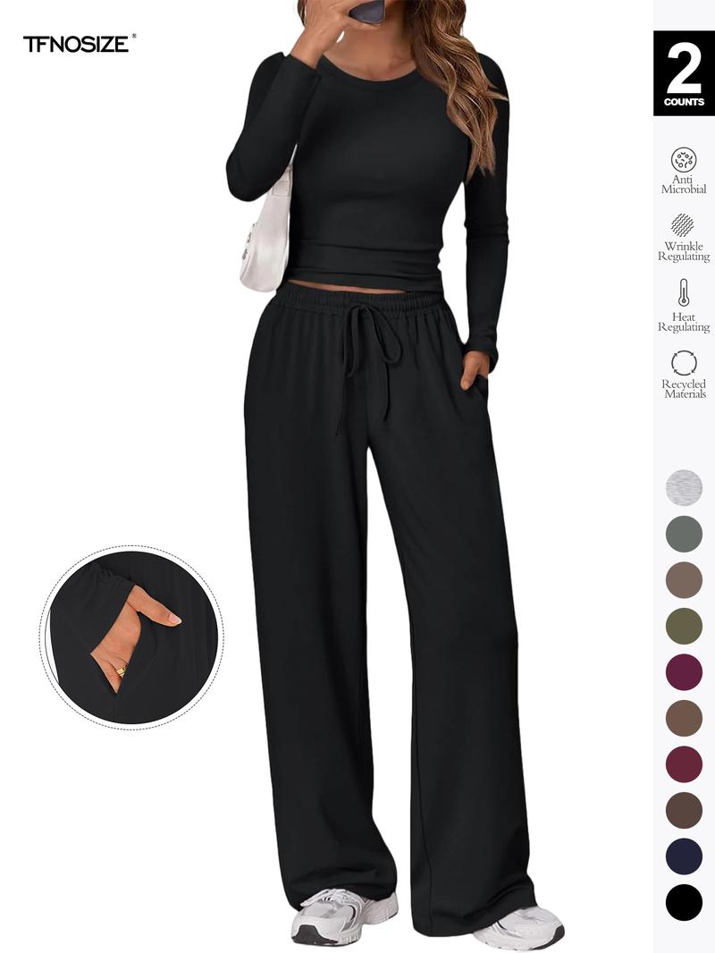 Women's 2-Piece Matching Lounge Set, Long Sleeve Slightly Cropped Top & Wide Leg Pants, Casual Sweatsuit for Fall & Winter
