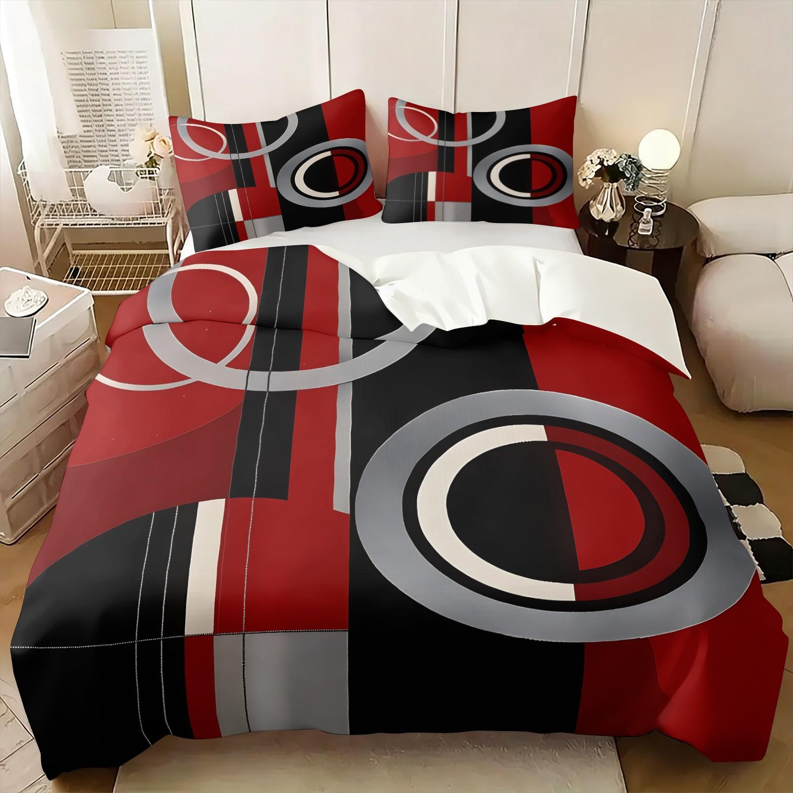 Modern Abstract Geometric Circle Stripe Print Duvet Cover Set, Includes 1 or 2 Pillowcases+1 Duvet Cover, Red Black Grey Block Design, Contemporary Urban Bedroom Decoration, Gift for Geometric Art Lovers