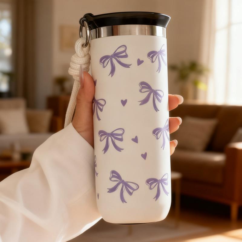 500ML Double-Layer Stainless Steel Insulated Travel Mug with Bow Pattern, Perfect Travel Cup for Home Office School & Car, Great Gift for Christmas Mother's Day Valentine's Day, Insulated Tumbler