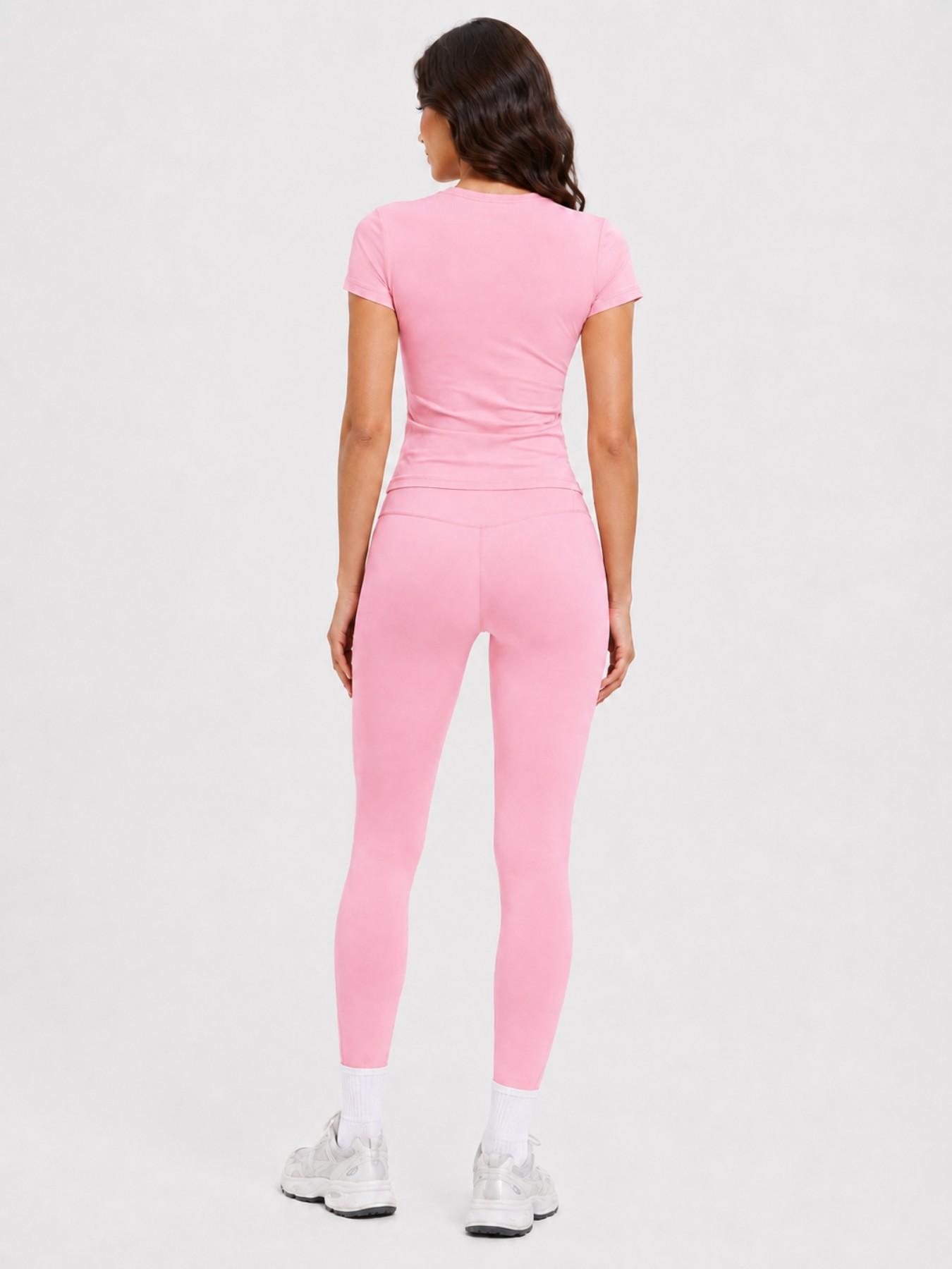 Women's 2-Piece Athletic Workout Set, Short-Sleeve Round-Neck Slim-Fit Crop Tee & High-Rise V-Front Yoga Leggings, Casual Running Gym Activewear Yoga Sportswear Set for Daily Wear
