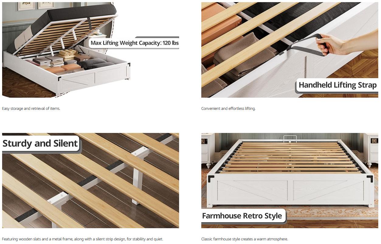 LIKIMIO Platform Queen Size Bed Frame, Farmhouse Bed Frames with Lift Up Storage, Wooden Slats, Sturdy and No Noise, Easy Assembly LIKIMIO Platform Queen Size Bed Frame, Farmhouse Bed Frames with Lift Up Storage, Wooden Slats, Sturdy and No Noise, Easy Assembly