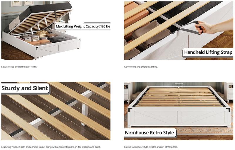 LIKIMIO Platform Queen Bed Frame with Lift-Up Storage, Unique Bedroom Furniture - Farmhouse Style, Wooden Slats, Sturdy Silent &  Easy Assembly