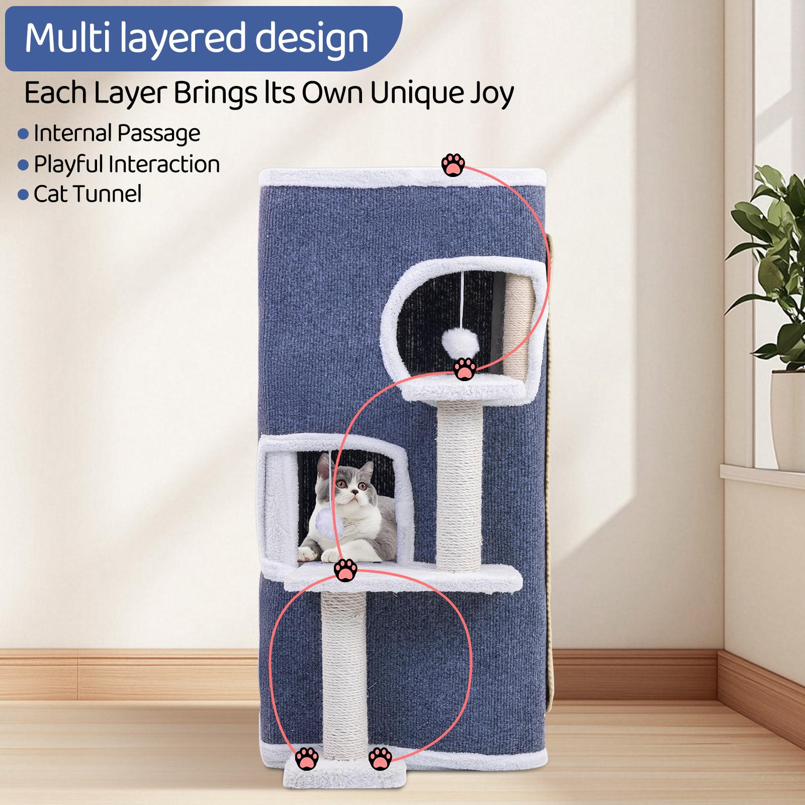 3-Tier Cat House, Cat Beds for Indoor Cats, Modern Cat Condo with Highway Cave, Scratch & Itching Post, Climbing Stand, Cat Cube Playhouse for Multi Kittens, Grey 3-Tier Cat House, Cat Beds for Indoor Cats, Modern Cat Condo with Highway Cave, Scratch & Itching Post, Climbing Stand, Cat Cube Playhouse for Multi Kittens, Grey