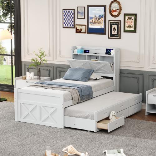 [Bellemave]Twin Size Wooden Bed with Storage Headboard with Outlets, Extendable Bed with Twin Size Trundle with Three Storage Drawers