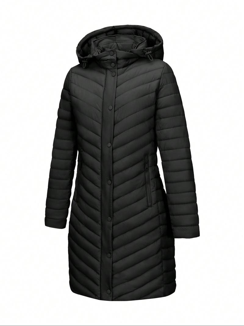 Women's Winter Mid-Length Hooded Casual Cotton Jacket, Simple Style Commuter Lightweight Outerwear for Fall & Winter, Fitted Plain Design