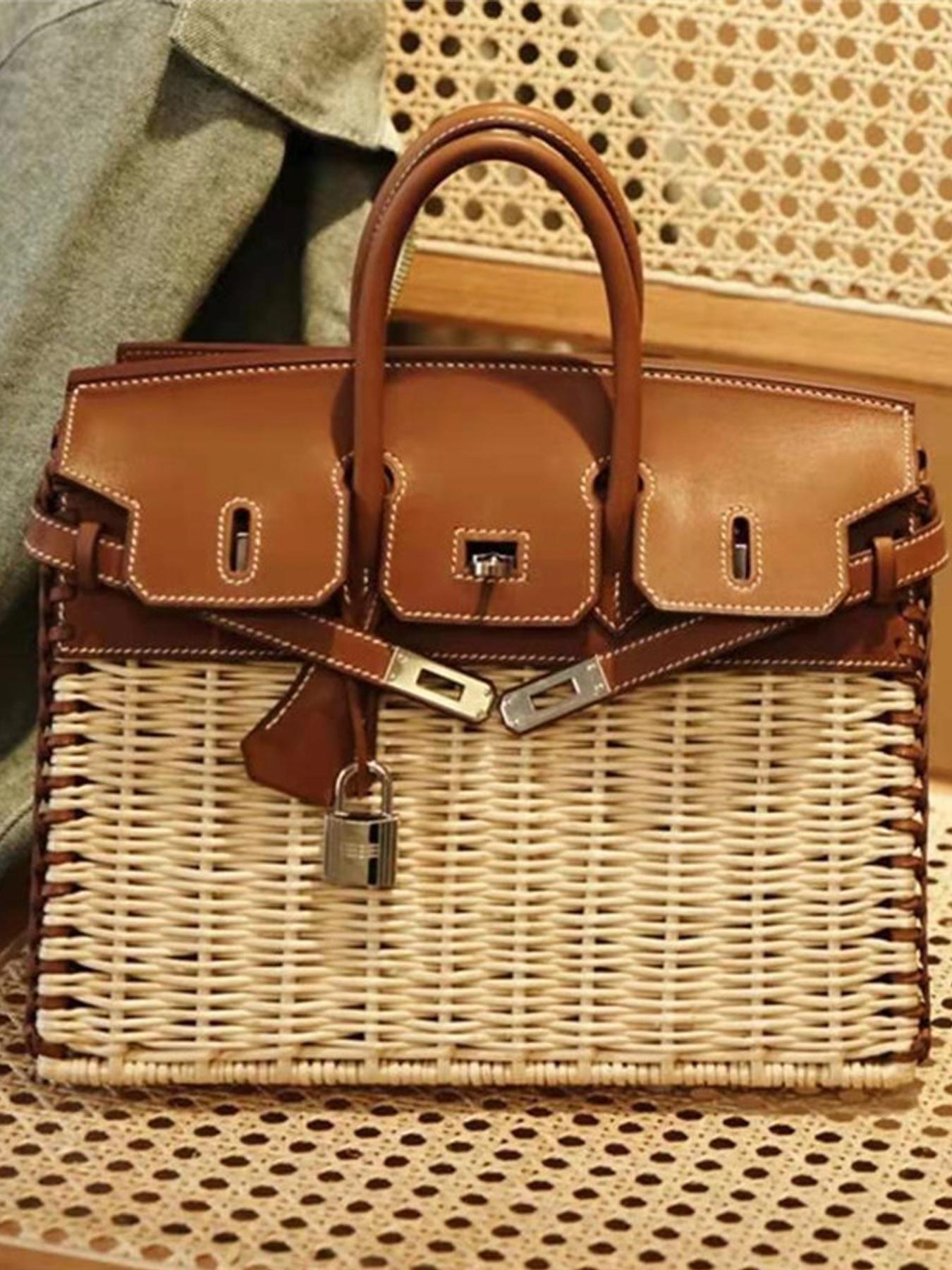 2026 Fashion Handbag, High-Quality Handmade Basket Bag, Picnic Lunch Bag, Platinum Color Bag for Girlfriend, Mother's Gift, Natural Rattan Crossbody Bag
