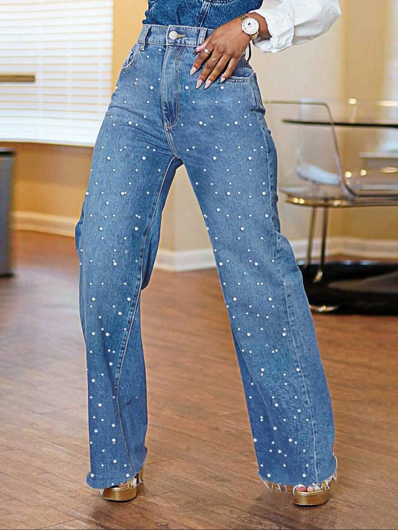 Women's Trendy Denim Pearl Studs Design Washed Soft Comfortable Straight Leg Wide Leg Pants, Elegant Fashion Long Trousers