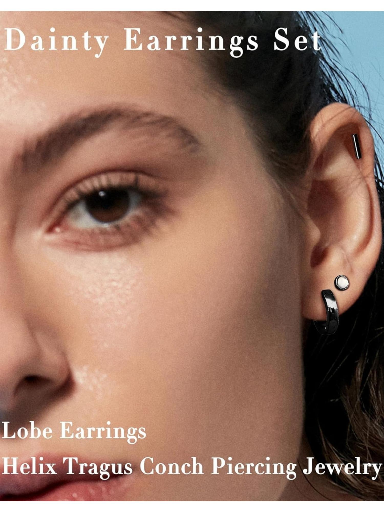 15 Pairs Black Surgical Steel Cartilage Earring Set for Women Men Slim Gauge with Comfortable Flat Back Design Unisex Assorted Styles Tiny Stud Earrings Mini CZ Hoops Huggie Earrings Perfect for Tragus Helix Multi-hole Ear Piercing Decoration