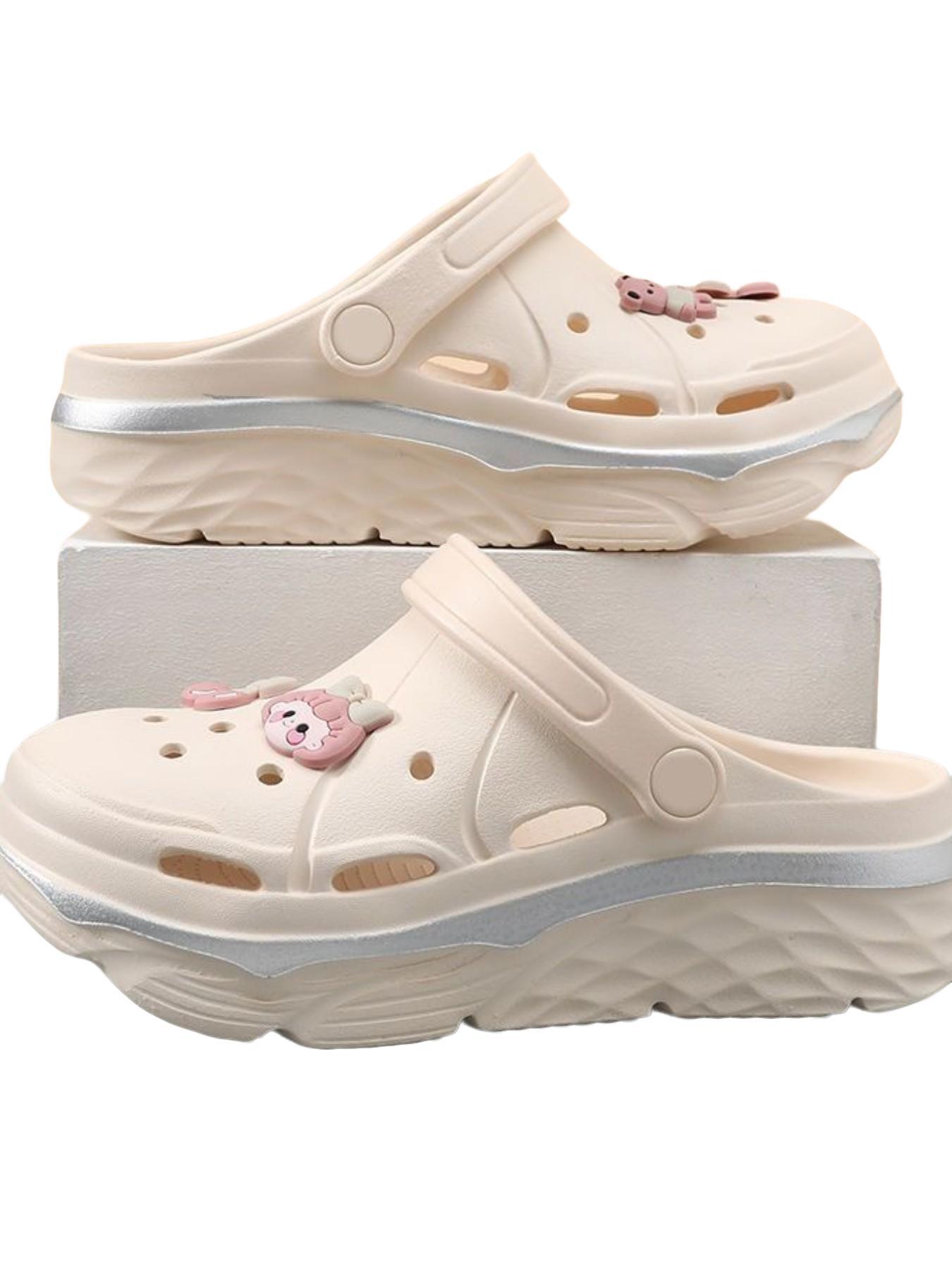 Women's Thick Sole Heeled Sandals, Floral Bow Design, Anti-Slip Lightweight Garden Shoes, DIY Accessories, Comfortable & Stylish