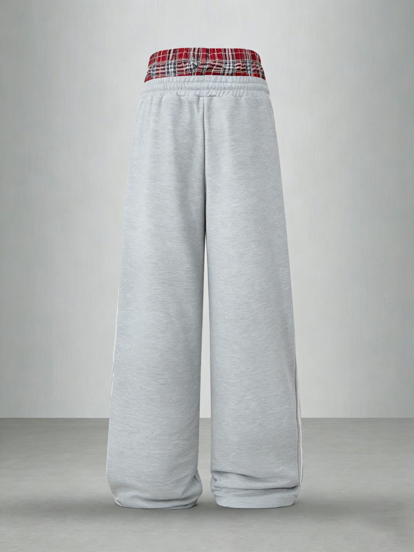 American Vintage Los Angeles Heart Pattern Plaid Patchwork Waist Loose Wide Leg Sweatpants, Daily Casual Wear, Comfortable and Stylish