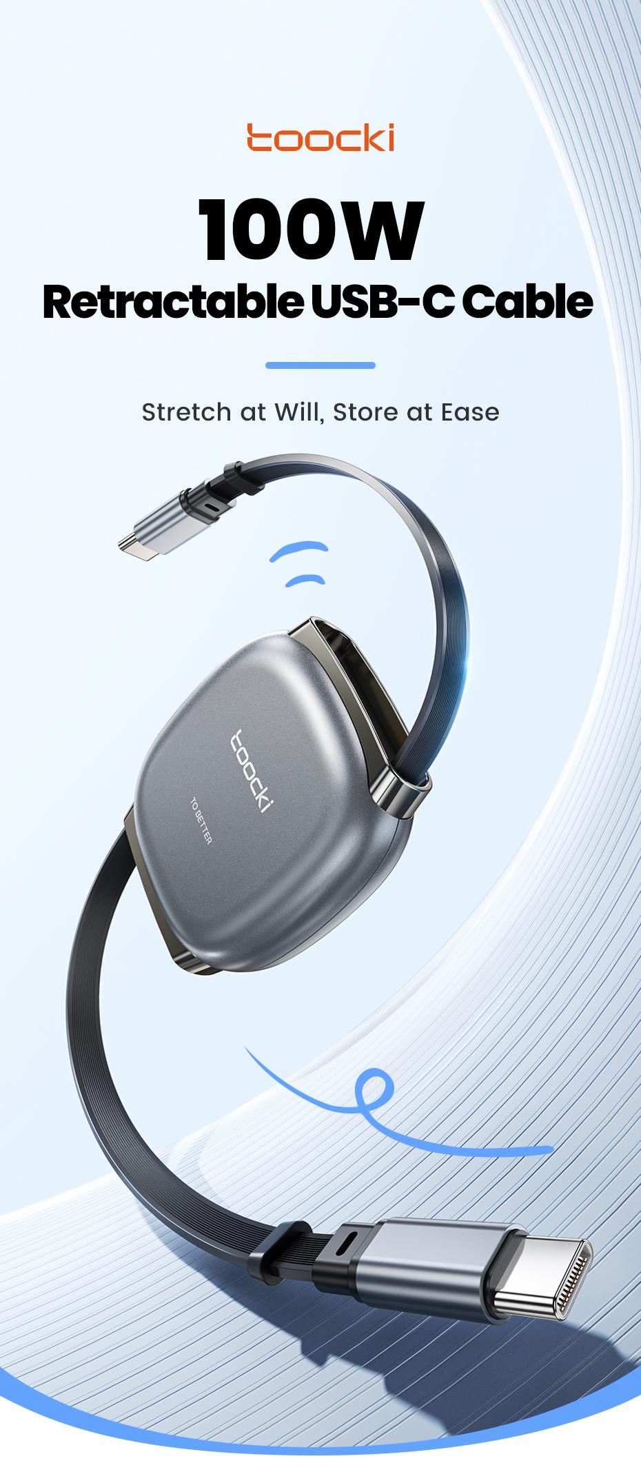 Toocki 100W USB C to USB C Retractable Cable Super Fast Charging For iPhone 16 15 Pro Max iPad Macbook Samsung S24 S23 Laptop Xiaomi Type C Cable PD 27W Type-C To Lightning Data Cable For iPhone 8-14 Series 1M