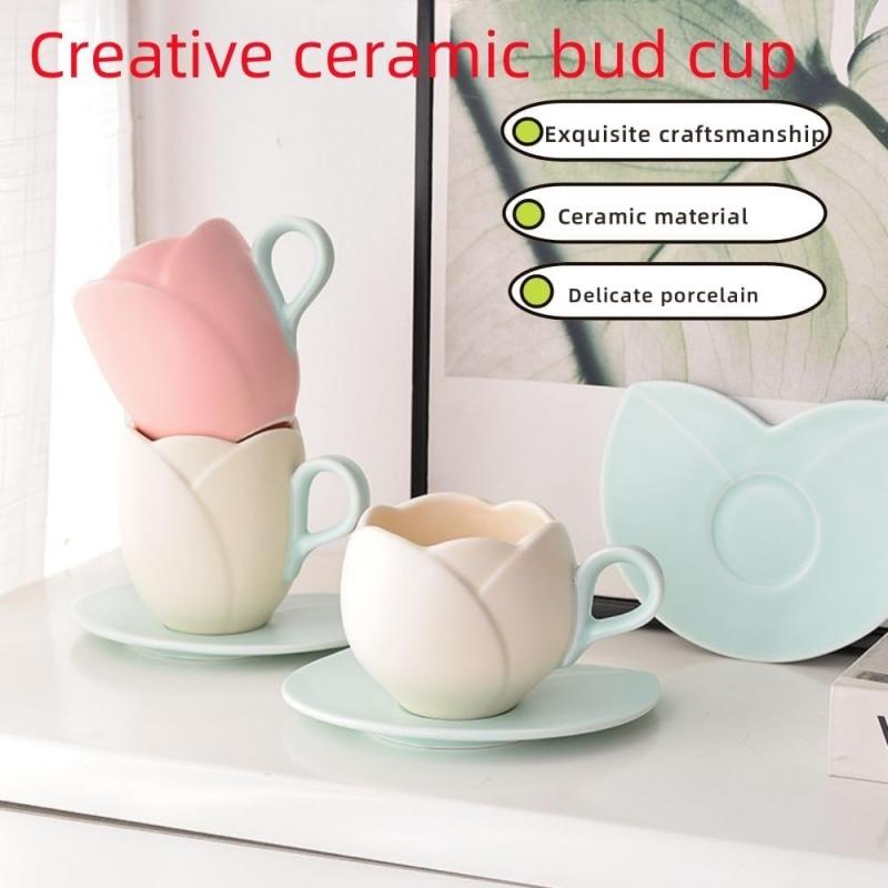 1 Count Ceramic Tulip Coffee Mug with Saucer Set, Shape Cup, Cute Mug Set, Latte Mugs for Tea Coffee Milk for Home Office Aesthetic 🌸Multi-use Cup and Saucer  Designer Coffee Mug ☕  🥐 🍰