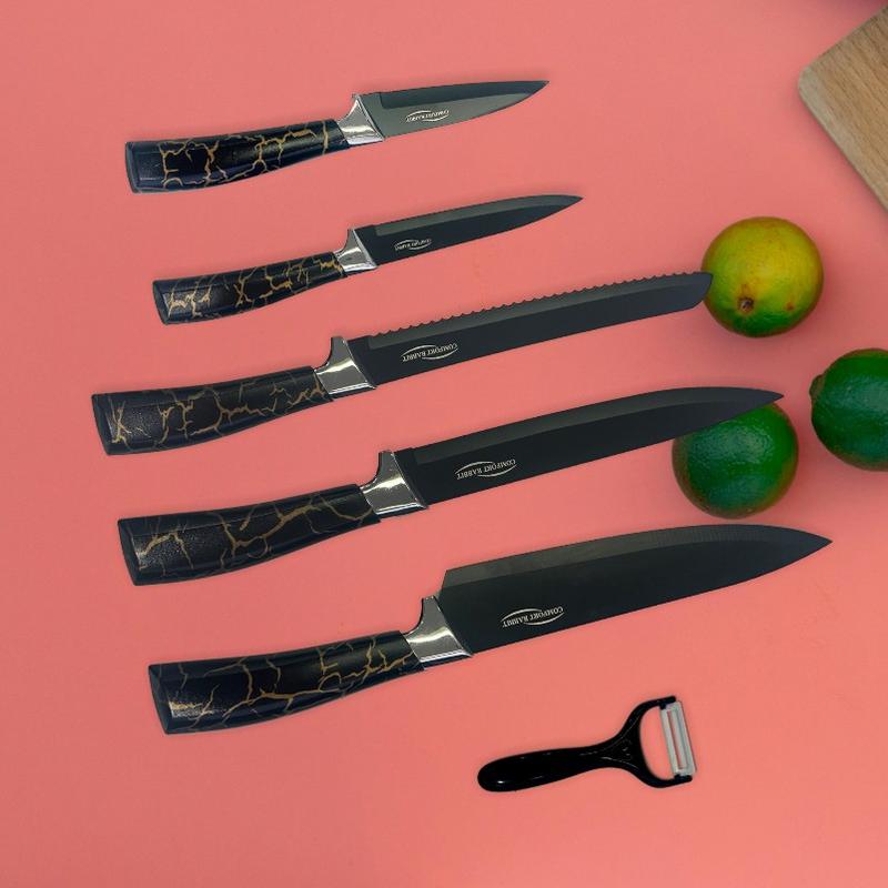 6-Piece Black Professional Kitchen Knife Set This set of knives features sharp blades and ergonomic handles, including ultra-sharp meat knives, perfect for professional chefs. Block Cutting Kitchenware Home Stainless Steel