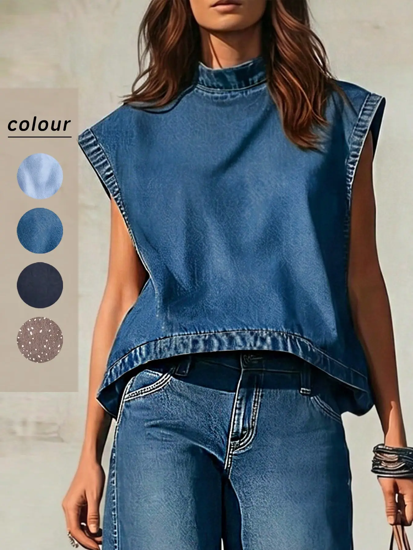 Women's Stand Collar Sleeveless Loose Fit Denim Top, Perfect for Summer Daily Wear, Casual Fashion Shirt