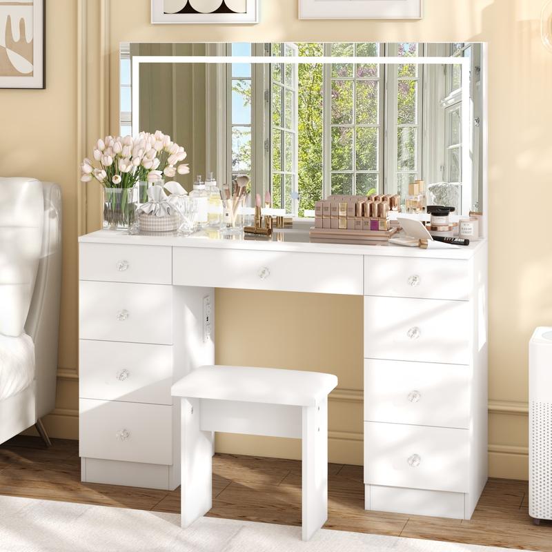VOWNER 54'' Tall Makeup Vanity Desk with Lighted Mirror ,9 Drawers, Soft Cushioned Stool for Bedroom