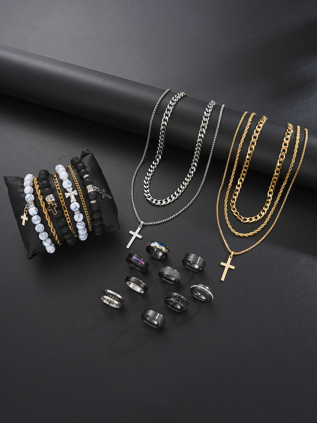 Men's Stainless Steel Jewelry Set, Casual Cross Necklace & Bracelet Pair, All-Seasons Accessory Gift for Birthdays & Dates