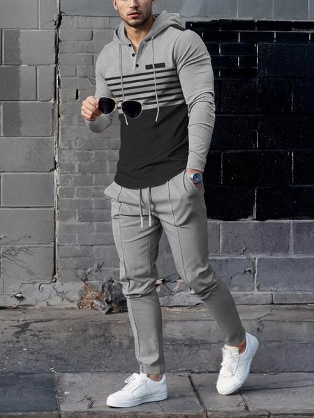 Men's Striped Hooded Sweatshirt & Waffle Knit Pants Set, Breathable Heavy Fabric, Casual Streetwear Travel, All Seasons Wear