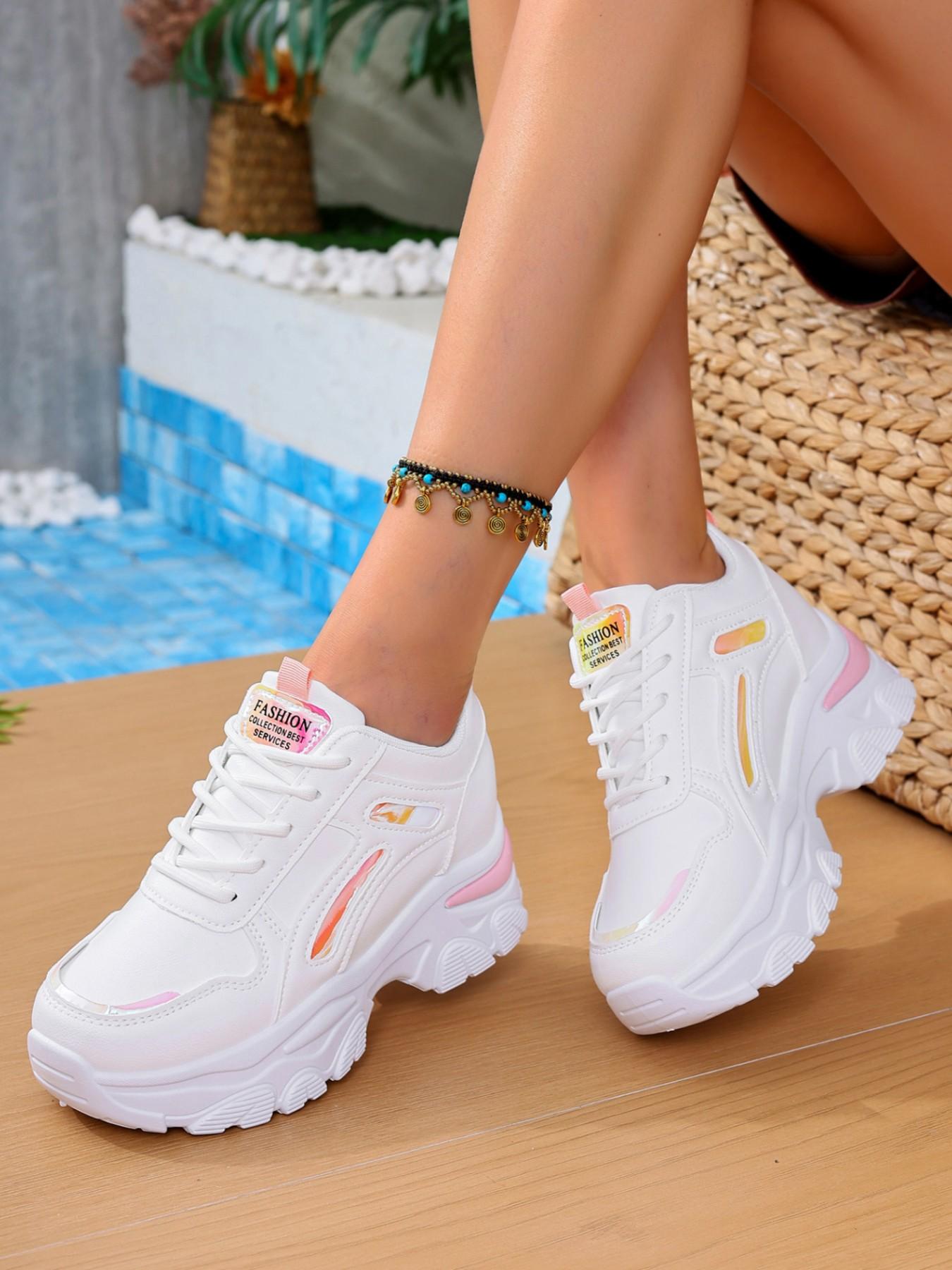 Women's Colorblock Chunky Sneakers | White Pink Casual Platform Shoes | Comfortable Breathable Height Increasing Trainers for Ladies | Trendy OOTD Streetwear Sneakers for Four Seasons.