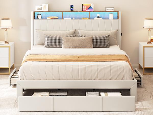 DWVO King Size Bed Frame, Storage Bed Frame w/LED Lighting & 4 Drawers, Upholstered Platform Bed Frame with Charging Station & Storage Headboard, No Box Spring Required, Easy Assembly
