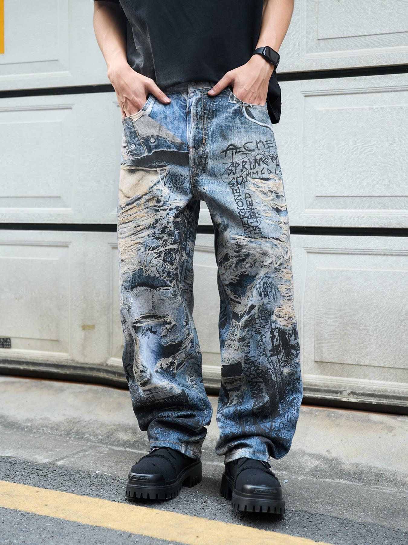 Men's 3D Printed Jeans Y2K Graffiti Denim Jeans, Wide Leg Streetwear, Loose Fit Casual Jeans for All Seasons