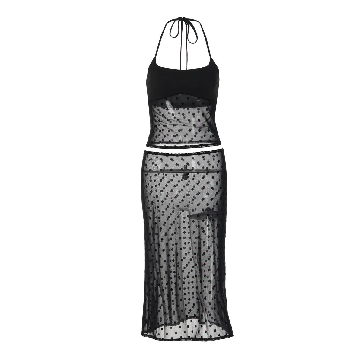 Women's Two-Piece Set, Matching Outfit Set, Sheer Mesh Polka Dot Print Halter Top & Bodycon Lace Trim Midi Skirt, for Party, Club, Date and Holiday, Ladies Summer Clothes