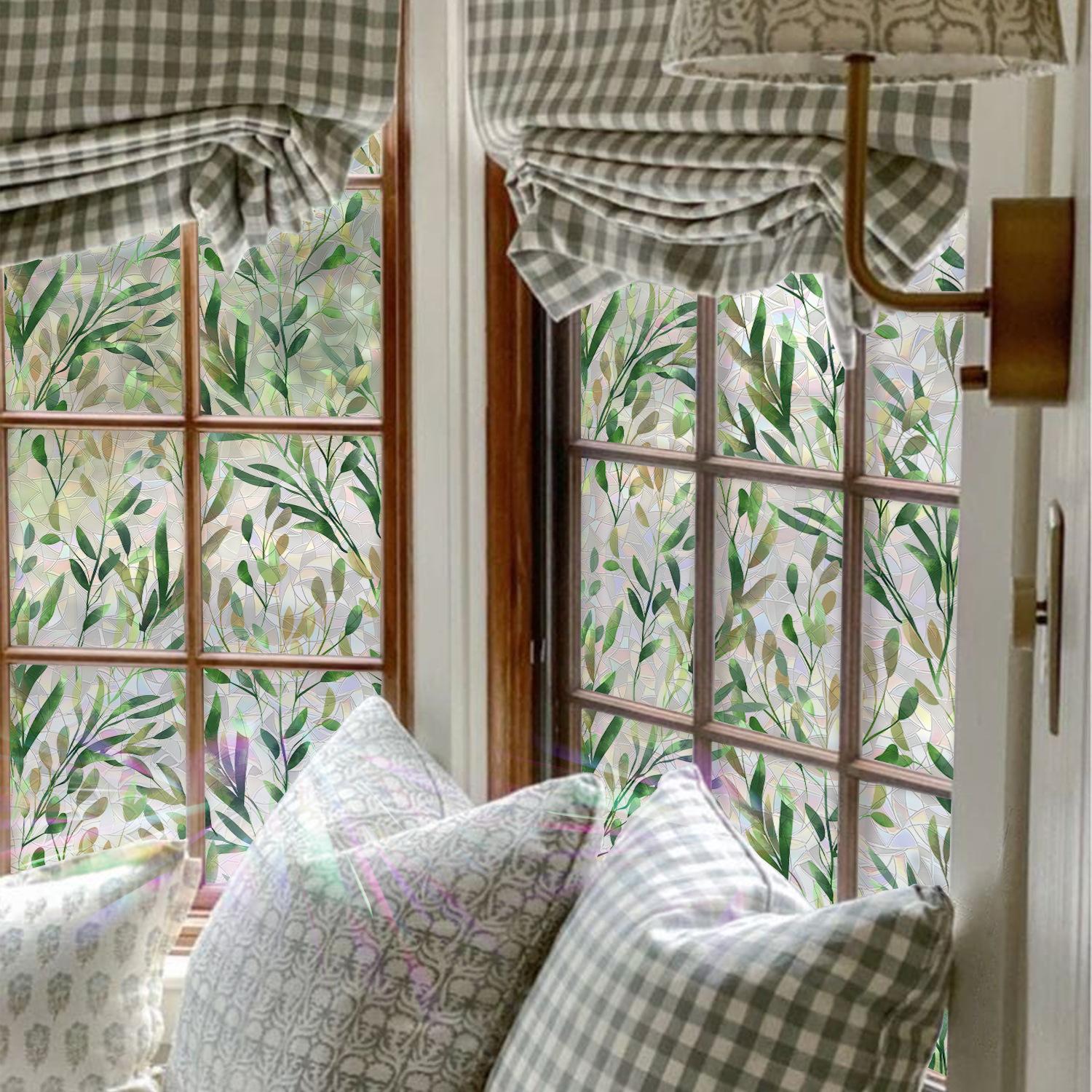 Leaf Laser Window Sticker, Spring Summer Fresh Style Decorative Static Window Sticker, Glue-Free Electrostatic Glass Decoration Film