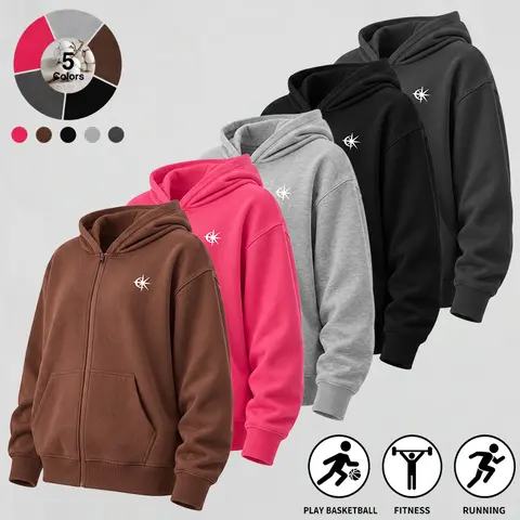Men's Cotton Blend Plain Full-Zip Hoodie - Relaxed Loose Silhouette, Minimal Chest Graphic Print, Stylish Menswear Sweatshirts for Casual Sports Fitness & Everyday Streetwear (1/3/4 Options)