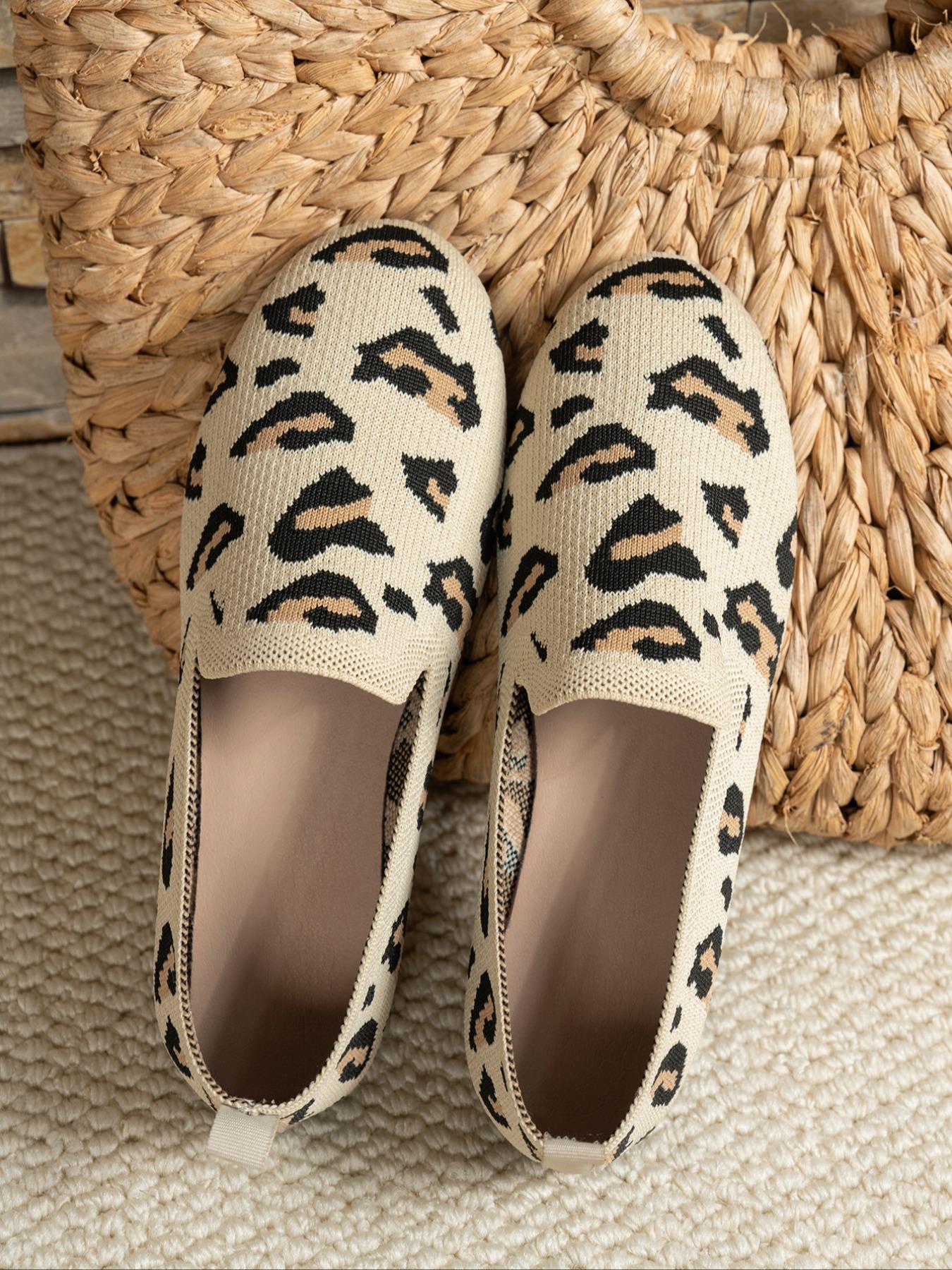 Women's Fashion Knitted Leopard Print Flat Shoes, Slip On Shoes, Casual Shoes, Elegant Versatile Basic Design, Comfortable Large Size, Suitable for Home and Outdoor