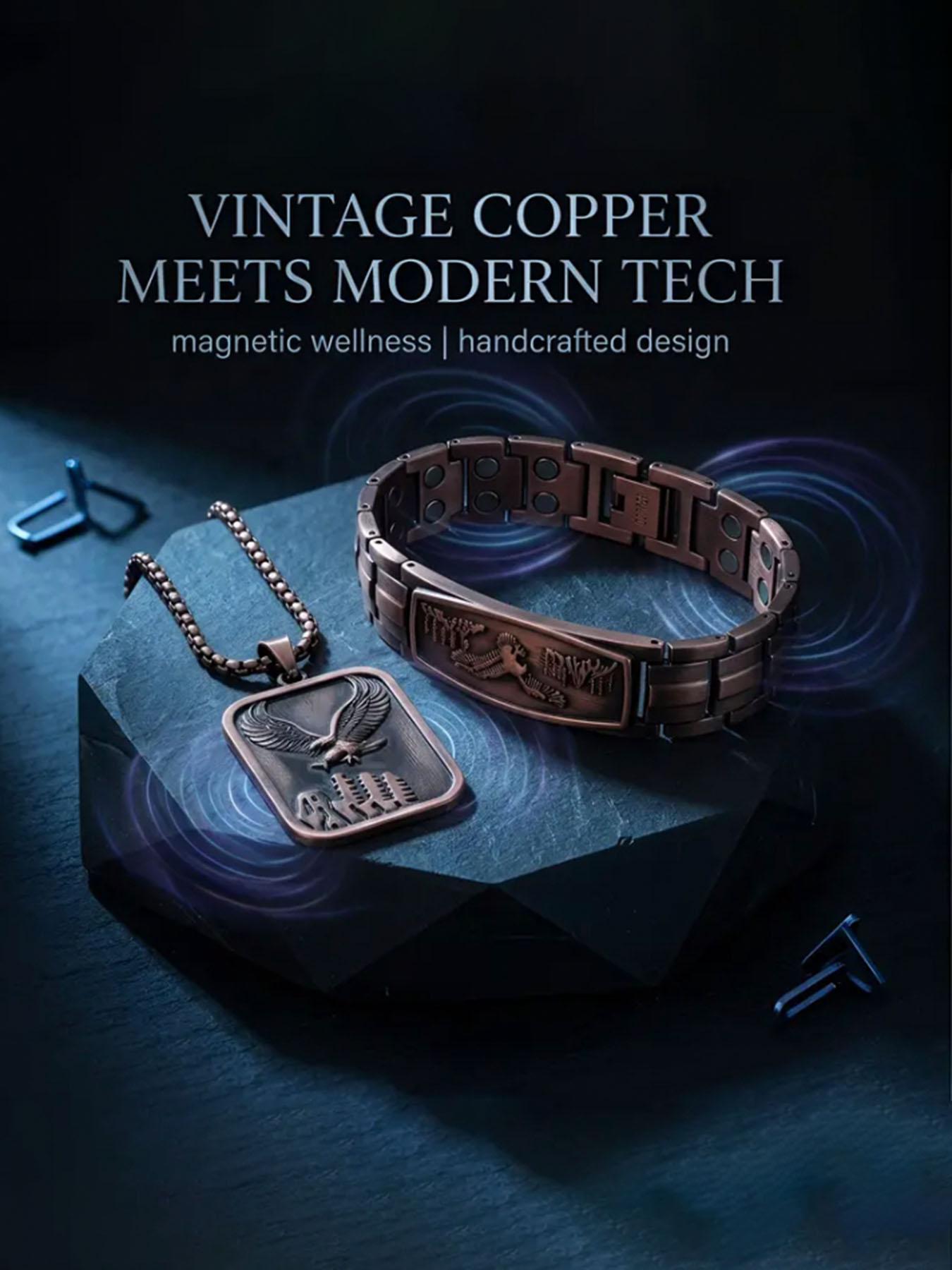 99.99% Pure Copper Men's Necklace, Eagle Design, Magnetic Bracelet, Fashionable, Relieves Arthritis, Thick Chain, Gift Set, Icedout Jewelry