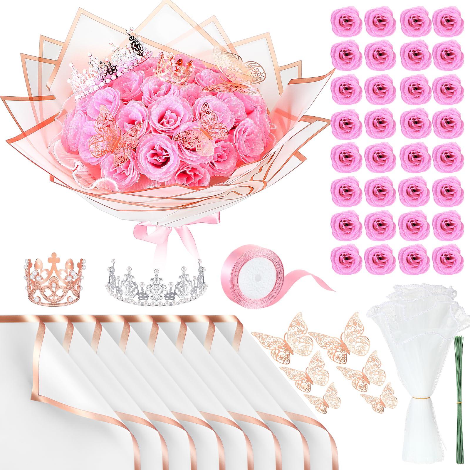 24/36 Pcs Mother's Day Gift Glitter Roses Bouquet Set DIY Fake Flowers Bouquet with 3D Butterflies Crowns Alphabet Stickers & Ribbons for Girlfriend Wife Mom Women Gift Perfect for Valentine's Day Birthday Engagement Wedding Anniversaries Graduation