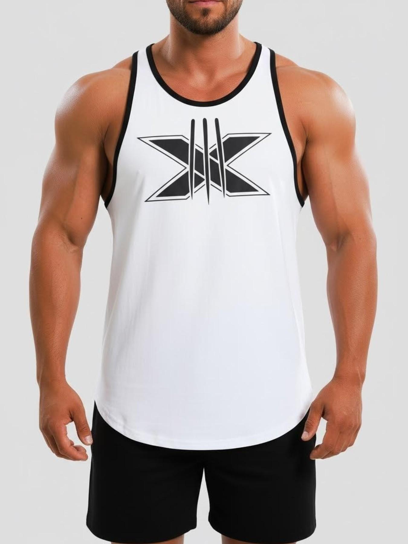 Men's Fitness X Logo Colorblock Tank Top, American Style Sporty Sleeveless T-Shirt, Weight Training Quick-Dry Breathable Shirt