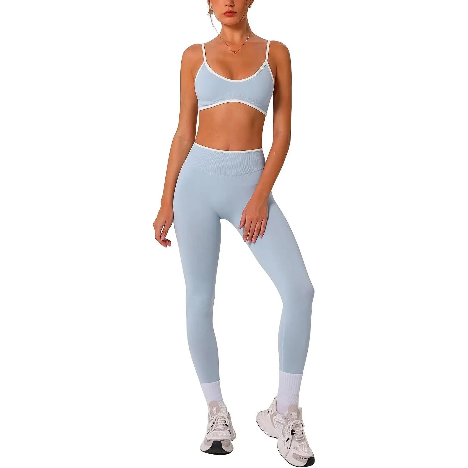 Women's 2-Piece Seamless Color Block Workout Set - Seamless Sports Bra, Butt Lift High-Waisted Bottoms, Bottom Lifting Leggings for Gym