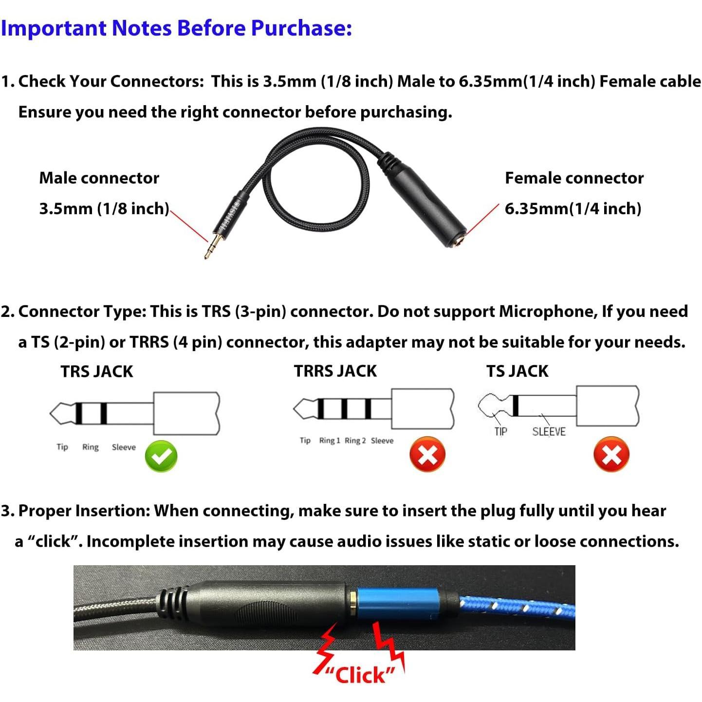 1/4 to 3.5mm Headphone  Adapter,TRS 6.35mm Female to 3.5mm Male 1/8 to 1/4 Stereo Audio Adapter,for Headphone, Amplifiers, Guitar, Amp etc. Nylon Braided  1ft (30cm)