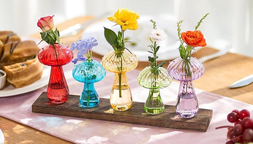 Mushroom Vase, Set of 5, Boho Style Bud Vases with Wooden Tray, Unqiue Planters for Indoor Plants, Decorative Flower Vases for Home Decor, Dealsforyouday