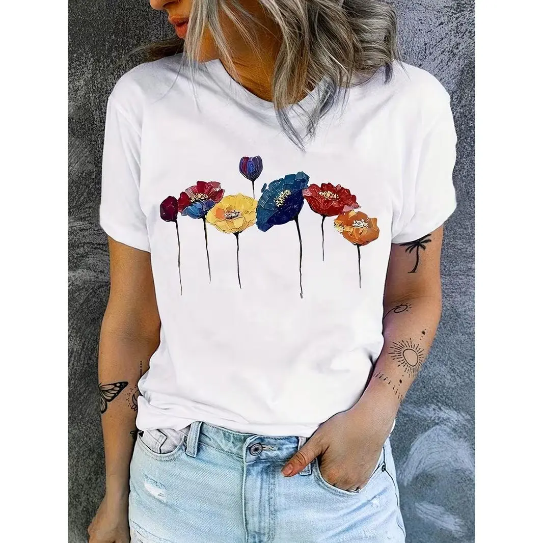Womens Oversized Soft Cotton Graphic T Shirt Watercolor Colorful Poppy Flower Printed Craft Cute Fashion Relaxed Fit Loose Breathable Top womens summer clothing summer outfits women Summervibes Perfect Valentine Birthday Gift For Her Girlfriend Wife Mom B