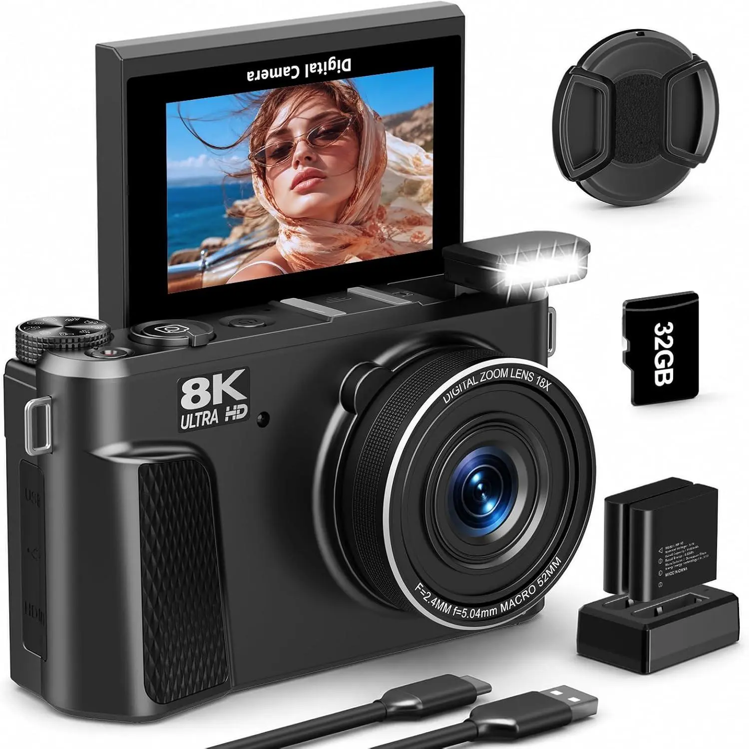8K Digital Camera for Photography, 88MP Vlogging Camera with Flip Screen