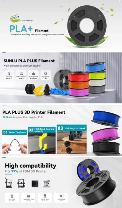 SUNLU PLA+ (PLA Plus) 3D Printer Filament 1KG Massive color selection Stronger Brighter Clog/Bubble/Tangle-Free Dimensional Accuracy ±0.02mm