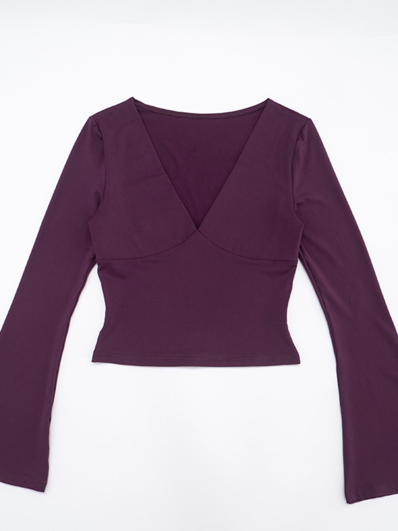 Women's Fashion Casual Solid Color Deep V Neck Flounce Sleeve Fitted T-Shirt Top, Comfortable Spring & Fall Wear, Versatile Ladies' Clothing Womenswear