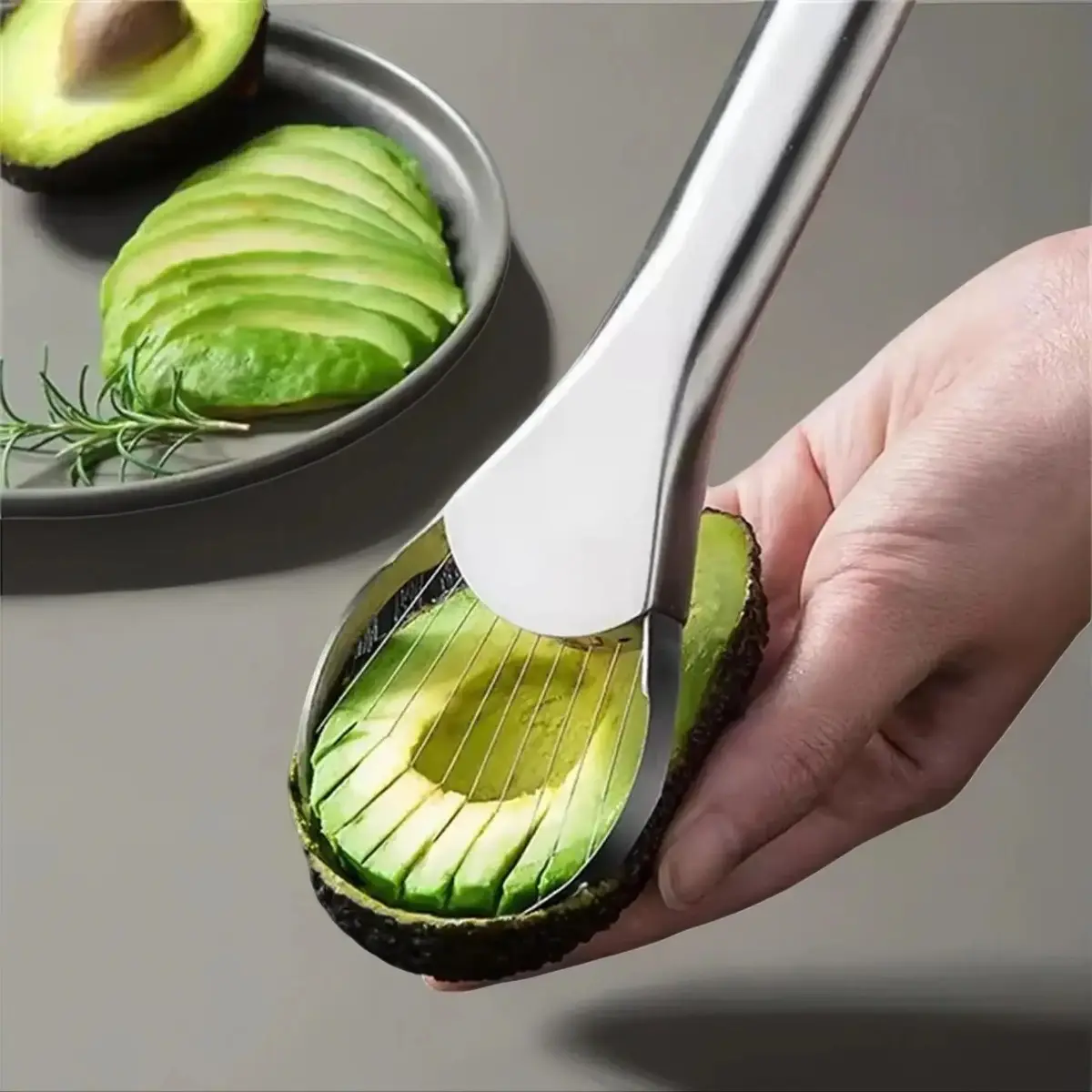 Stainless Steel Avocado Slicer—a durable fruit and vegetable tool capable of both slicing and dicing, suitable for kitchen prep, salad making, and everyday cooking.